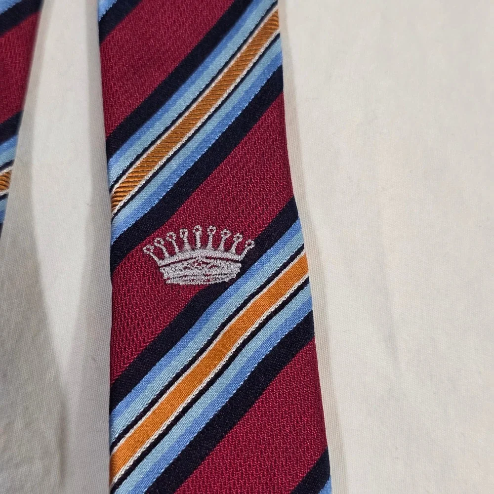 Countess Mara Mens Silk Necktie Burgundy Blue Orange Striped Handmade Crown Logo